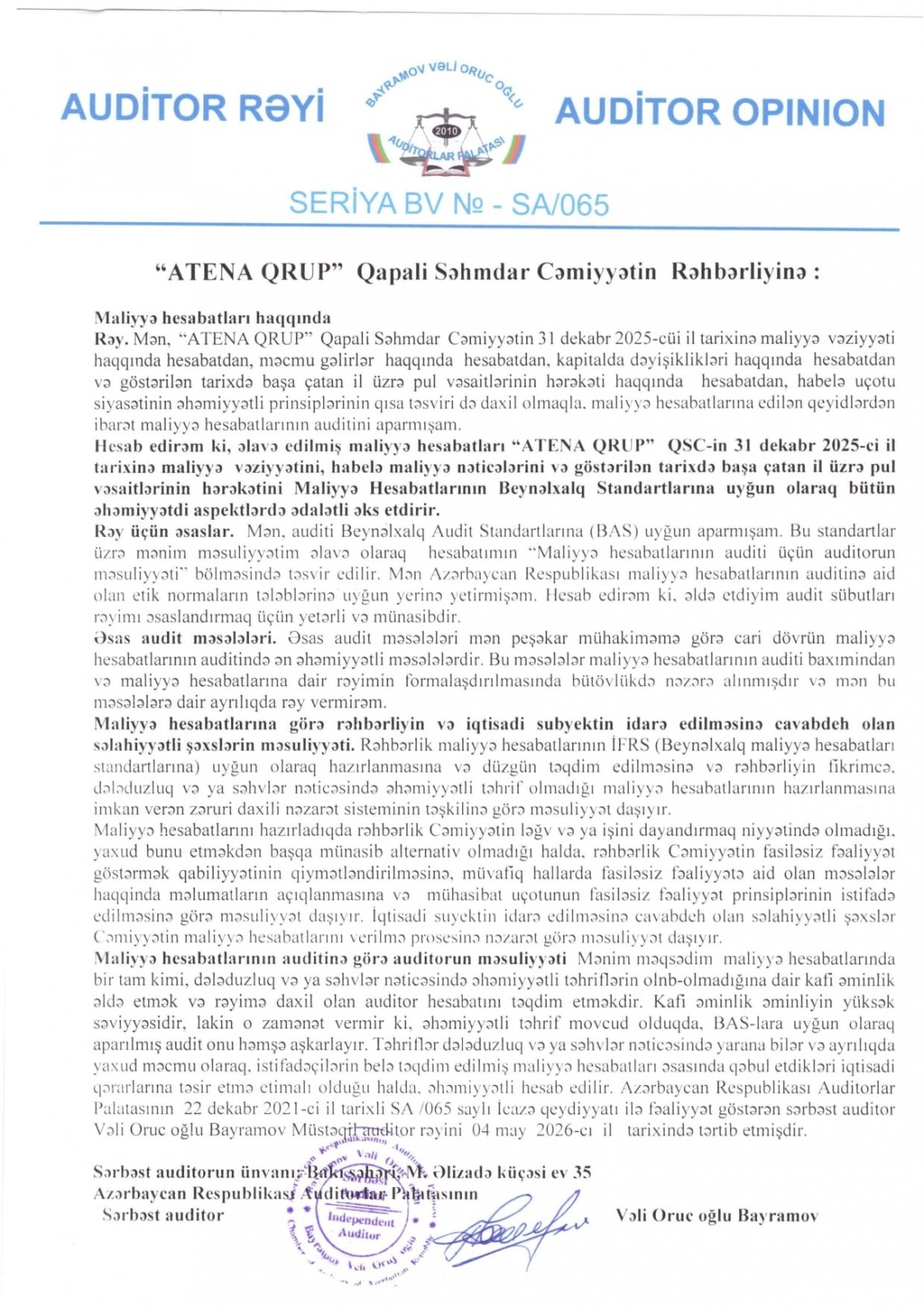 2025-ci il üzrə “ATENA QRUP” QSC-nin Maliyyə Hesabatları üzrə Auditor Rəyi